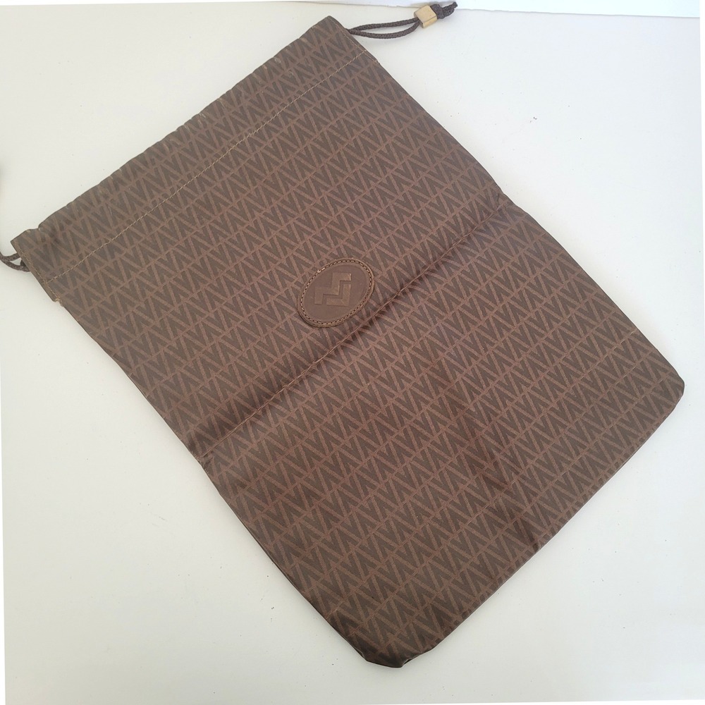 Mario Valentino Vintage Brown Monogram Drawstring Pouch Bag Made in Italy Large